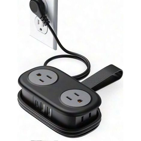 Multiprise de voyage de 1,2 m : fiche plate à 45 degrés, 4 prises de courant alternatif, 2 ports USB-A et 1 port Type-C, avec protection contre les surtensions, noire. (1/4)