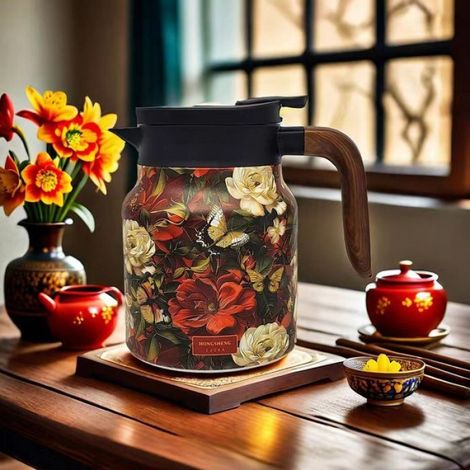 Théière florale vintage - Acier inoxydable - Passoire intégrée - Couvercle hermétique - Rouge (1/5)