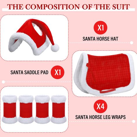 Ensemble de 6 pièces comprenant des couvre-jambes en fausse fourrure, un chapeau de cheval de Noël, un tapis de selle multifonctionnel Père Noël et des accessoires pour costumes de Noël pour chevaux. (1/4)