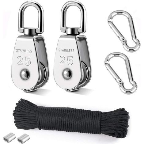 Poulie de Levage, 2 Pièces 25MM Poulie en Acier Inox 304,2 Pièces M25 Poulie Simple, Pour Cordes et Câbles, avec 8mm corde d'escalade 20M (1/5)