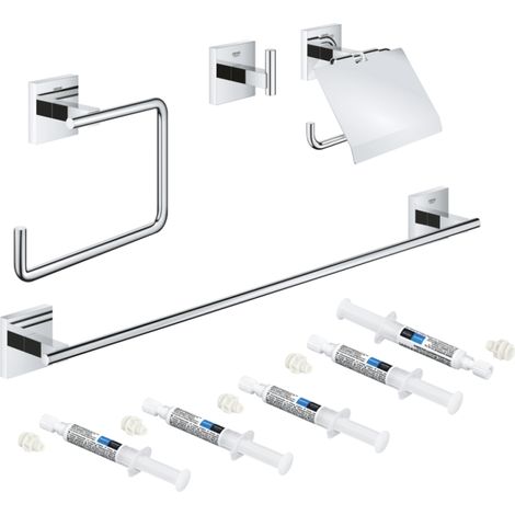 Set de accesorios cromados GROHE Start Cube 4 en 1 + 3 GROHE QuickGlue A1 + 1 GROHE QuickGlue A2