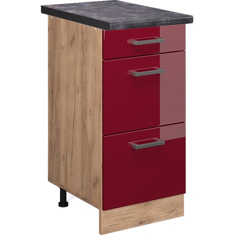 Meuble cuisine R-Line, Rouge brillant, 40cm avec tiroirs, PT Anthracite, Vicco
