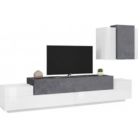 Dmora - Pared Equipada Dmar, Conjunto de salón con soporte TV, Mueble salón polivalente, 100% Made in Italy, cm 240x45h180, Blanco Brillo y Pizarra