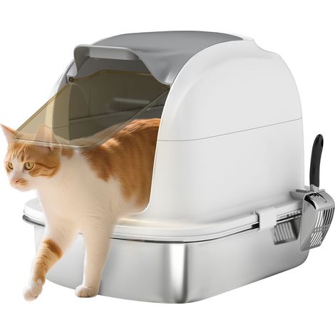 Große Katzentoilette aus Edelstahl mit hohem, klappbarem Deckel und weißer Schaufel
