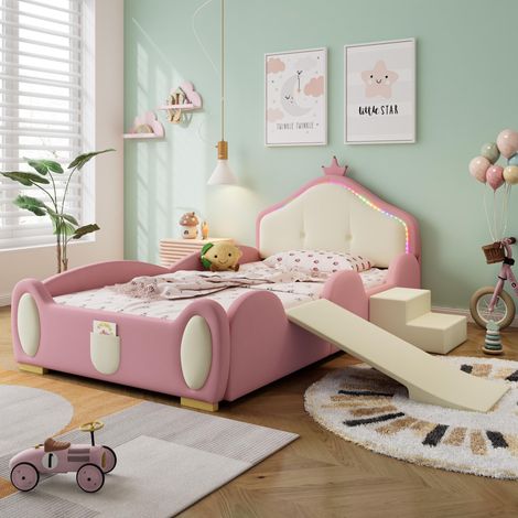 Lit enfant 90x200 cm avec toboggan, Lit princesse avec escalier et ruban LED multicolore, Design de couronne de dessin animé, sommier à lattes, Rose (1/5)