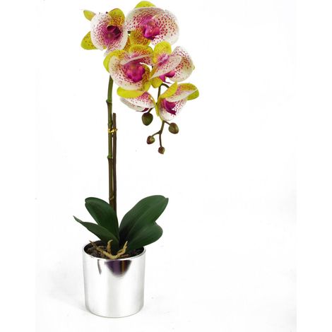 46cm Artificial Orchid Harlequin Pink with Silver Pot (1/5)