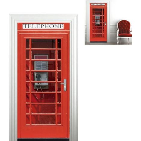 Aufkleber für Türfoto - 3D-Sticker Rote Londoner Telefonzelle, dekoratives Wandposter (1/5)