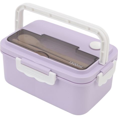 Boîte à lunch de 1500 ml en plastique résistant à la chaleur, de type bento, portable, avec baguettes et cuillère, idéale pour les étudiants. Couleur : violet taro. (1/5)