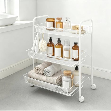 Carrello portaoggetti con ruote a 3 livelli con cestelli, acciaio bianco HAVRYA (1/5)