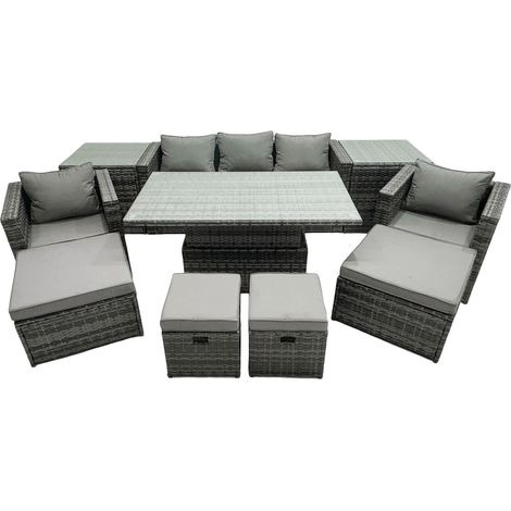 Fimous PE Rattan Garden Furniture Set Lounge Sofa Rising Dining Table Set with 2 Side Tables 4 Footstool Dark Grey Mixed (1/5)