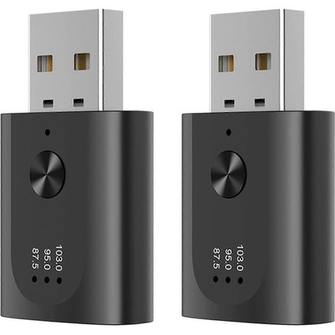 Adaptateur double USB Bluetooth 5.3, récepteur audio sans fil, émetteur Bluetooth avec microphone et fonction d'appel mains libres, compatible avec les autoradios FM. (1/5)