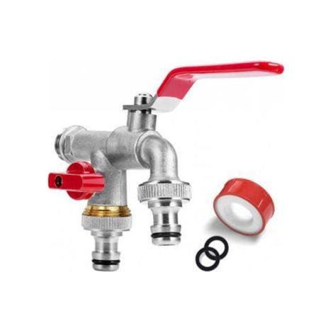 3 4'' Zoll (20 27) Premium-Doppel-Wasserhahn aus Messing, rost- und frostbeständig, 2 kostenlose Schlauchanschlüsse für Garten, Waschmaschine, Regentonne (1/3)