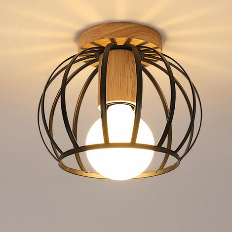 Plafonnier Industriel Vintage Métal Cage, Douille E27, 20CM Bois (1/5)