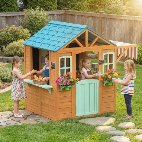 Cabane enfant extérieur en bois. maison enfant extérieure. porte-pots. tableau noir. jeu de lancer 4 balles. multicolore
