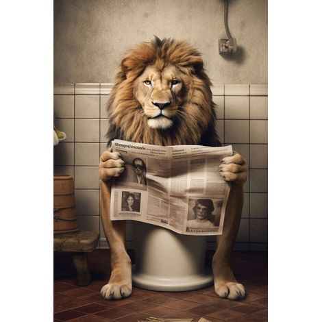 Tableau sur toile Lion sur les toilettes avec journal 30x45 cm - Impression sur Toile Murale Décorative - Image imprimée en HD sur Toile - Toile sur Châssis en Bois FSC - Fabriqué en France