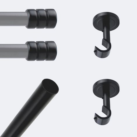 Kit de tringle à rideaux Noir Mat 150cm Diam.20mm Embout Cylindre 2ST - Fixation Plafond - BOULET (1/3)