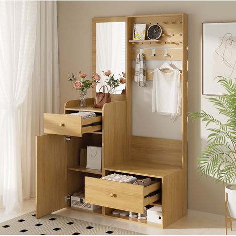 Kompaktgarderobe, Modernes Multifunktionales Eingangsregal – Elegante holzfarbene Aufbewahrung mit Spiegel, verstellbaren Haken und geräumigen Regalen für Schuhe, Mäntel und kleine Gegenstände, 105 cm (1/5)