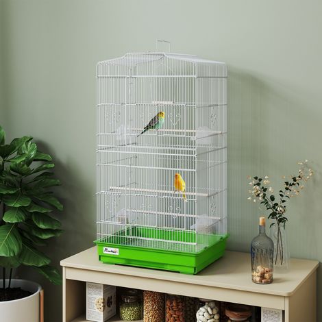 Jaula para Pájaros Pajarera de Metal con 4 Comederos 3 Perchas Columpio y Bandeja Extraíble Asa 46,5x35,5x92 cm Verde (1/5)