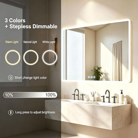 Bathroom Mirror with Lighting 100 x 60 cm, Touch Switch, Anti-Fog Function, 3 Dimmable Light Temperatures, Single Ring Light (1/2)