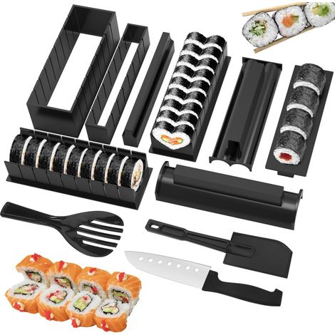 Sushi-Set, 10-teilig, inklusive Form, Reislöffel, Schaber und Messer für Sushi-Anfänger, komplettes Küchen-Set, Schwarz