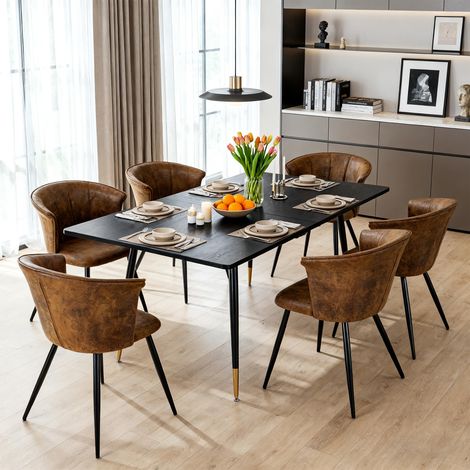 Meuble Cosy Ensemble Table à Manger Extensible avec 6 Chaises en Suédine, Style Industriel, Design Élégant et Confortable, Noir + Or + Marron (1/5)