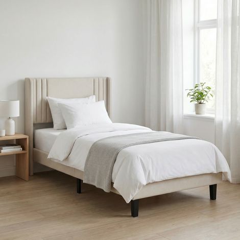 Lit simple 90x200 cm avec sommier à lattes, Lit capitonné, lin, cadre en métal, pour chambre ou studio, max 300 kg - Beige