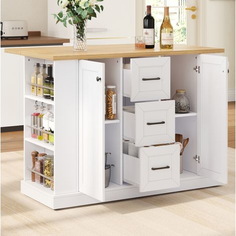 Isla de cocina móvil 120x45(70)x90 cm en MDF blanca con encimera plegable y ruedas - CHICFURN (1/5)