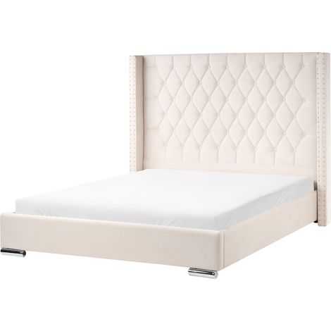 Bett Cremeweiß Samt mit Lattenrost 160 x 200 cm Hohes Gestepptes Kopfteil Knopfheftung Nieten Chesterfield Stil Retro Doppelbett Schlafzimmer