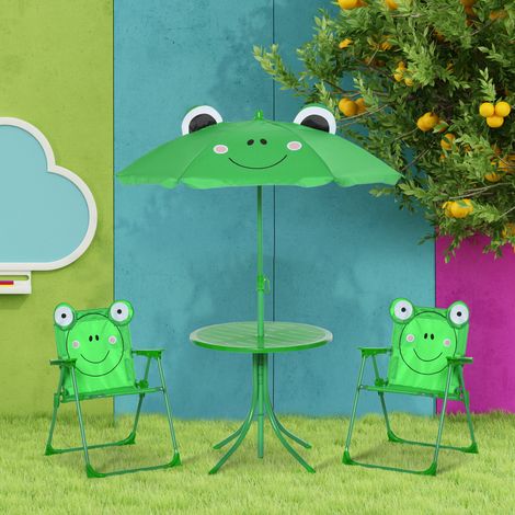 Set da giardino per bambini Outsunny con tavolo e sedie, set da picnic pieghevole per bambini, tavolo con ombrellone regolabile in altezza (100-125 cm), design a rana verde