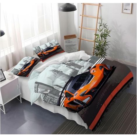 Housse de Couette orange Voiture de Course 90×190 cm,Linge de Lit pour Enfants,Motif Voiture de Sport 3D,1 Housse de Couette - XC6 (1/4)