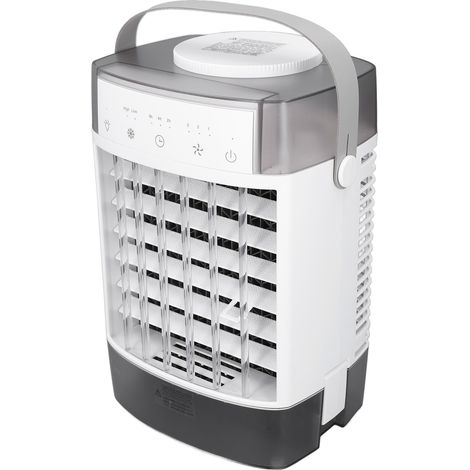 Climatiseur mobile portable 3 vitesses mini refroidisseur évaporatif avec minuterie 2-4-8h 7 LEDs colorées double réservoir 2 brumes 1000ml 19x15.5x28.2cm 1.1kg gris (1/5)