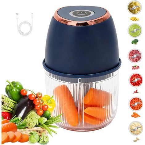 Hachoir Électrique 350 ml, Mixeur Hachoir USB Type-C Rechargeable Portable Sans Fil, Mini Coupe Legumes avec 6 Lames en Acier Inoxydable pour Oignon, Ail, Viande, Légumes et Les Fruits (Bleu) (1/5)