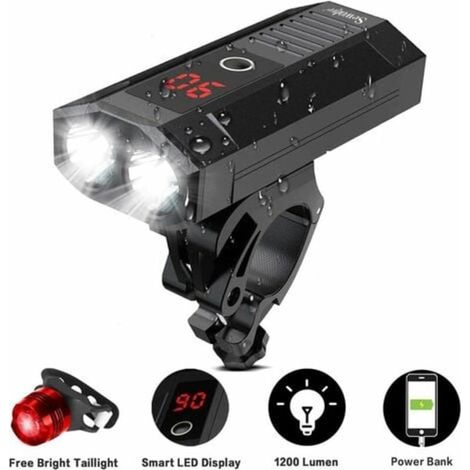 Lampe vélo LED puissante 1200 lumens, éclairage cycliste avec écran LED et fonction batterie externe, feu étanche pour VTT et vélo de route (1/5)