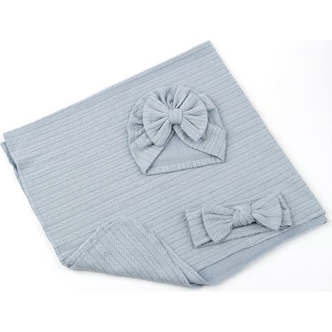 3-teiliges Babydecken-Stirnband-Set aus Baumwolle und Polyester mit Weizenstruktur, einfarbig, dehnbar, blau (1/5)