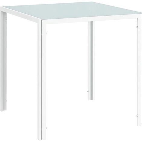 Table carrée pour 4 personnes avec plateau en verre trempé. Couleur blanche, dimensions 75 × 75 × 75 cm, idéale pour cuisine et salle à manger