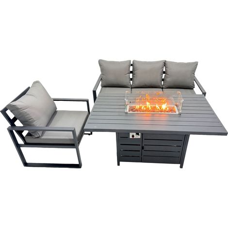 Fimous 4 Seat Outdoor Garden Furniture Set Aluminium Lounge 3 Seat Sofa Gas Fire Pit Table Sets with Chair Dark Grey (1/4)