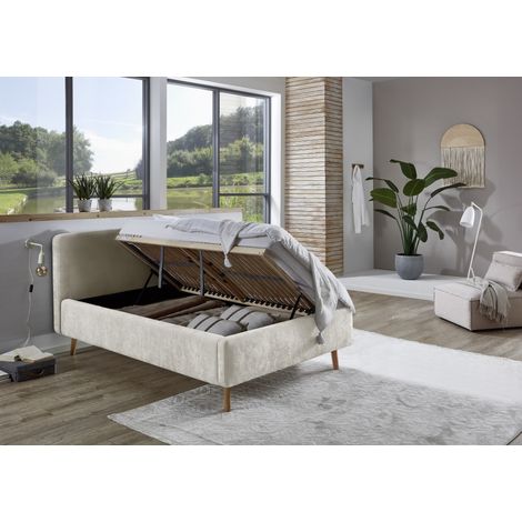 Meise Möbel Stauraumbett Mattis 140x200 cm Doppelbett Bettkasten & Lattenrost (Federholzrahmen) Strukturstoff Beige Holzfuß eichefarbig (1/5)