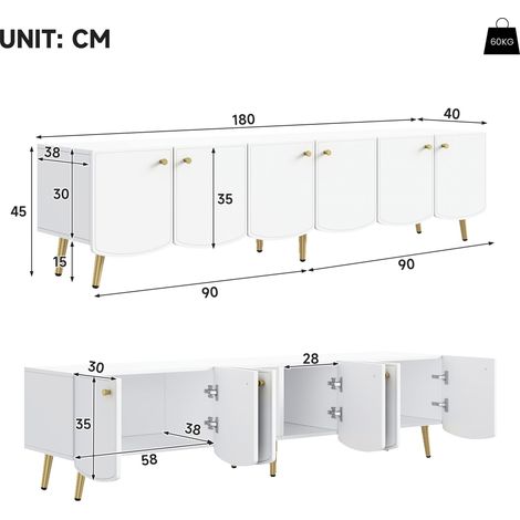 Mobile TV/credenza moderno con gambe e maniglie dorate, mobile basso da 180 cm con 6 ante, consolle TV per soggiorno e camera da letto, bianco, 180 x 40 x 45 cm (1/5)