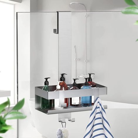 SUS304 Etagere Douche à Suspendre, Acier Inoxydable Etagère de Douche Avec Crochets,étagère de Douche Suspendue en Verre Pour Salle de Douche Nickel Brossé (1/5)