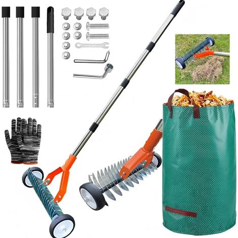 Manual Scarifier with Wheels, 163 cm Handle Verticutor, Lawn Aerator with Garden Rubbish, Metal Garden Scraper, Removable, Adjustable Verticutor, Scarification Hoe (1/5)
