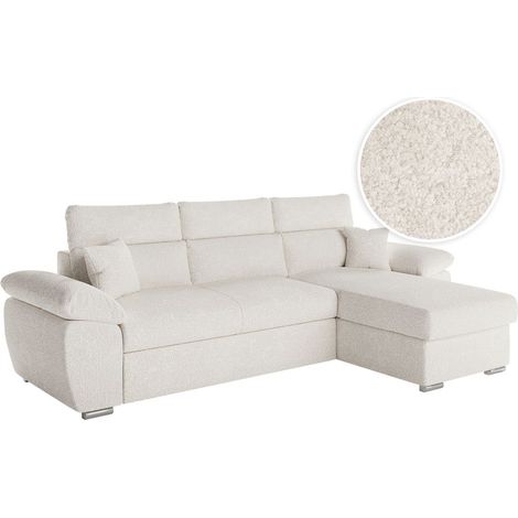 Canapé KOMECO d'angle réversible convertible avec coffre et têtières en tissu bouclette blanc (1/5)