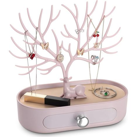 Arbre Porte Bijoux avec Tiroirs, Support Présentoir à Bijoux pour Boucles D'oreilles, Colliers, Bracelets et Bagues, Plastiques, Poignée Plaquée Argent (1/5)