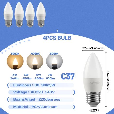 (4 ampoules LED bougie, blanc chaud 3000K) E27, convient à l'éclairage domestique. (1/4)