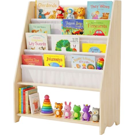 Relaxdays libreria bambini, HxLxP: 78x64x28 cm, 4 tasche in tessuto + ripiano, stile Montessori, legno, bianco/naturale