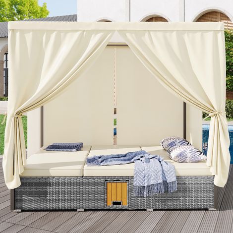 Transat de jardin double avec rideau ombre, rotin, extérieur, pliable, avec coussins et table pliante, coussins crème