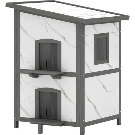 Caseta para gatos, diseño de dos niveles, refugio exterior aislado, gris. (1/2)