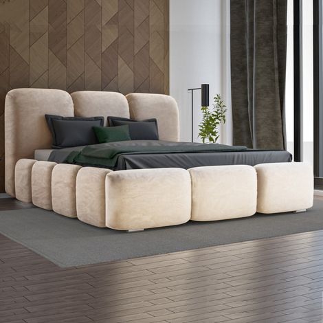 MEUBLER DESIGN Lit Honor En Velours Avec Coffre De Rangement Et Tête De Lit Matelassée - Velours Beige - 180x200, Style , x x cm (1/4)