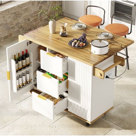 Carrito de cocina con taburetes de bar, encimera extensible, MDF y metal, blanco (1/5)