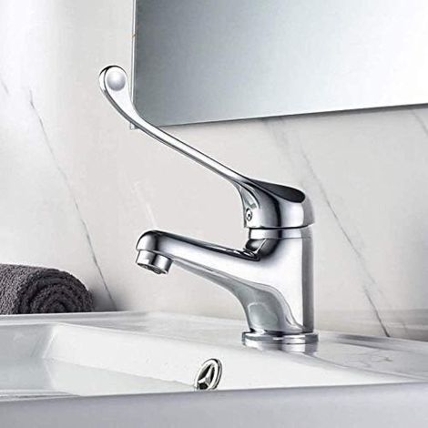 Mitigeur Lavabo avec Poignée Médicale, Robinet de Salle de Bains PMR, Chromé, Argent (1/4)