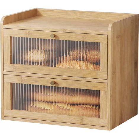 Boite a Pain - Huche à Pain en Bambou à 2 Niveaux pour Plan de Travail, Boîte de Rangement pour Pain avec Porte Acrylique Magnétique, 38 x 25 x 33,5 cm, Bambou (1/5)